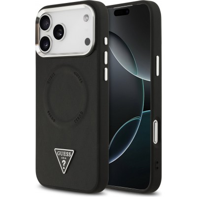 Coque iPhone 17 Pro - Guess MagSafe cuir PU avec logo triangle et cadre cam&eacute;ra m&eacute;tal argent&eacute; - Noir