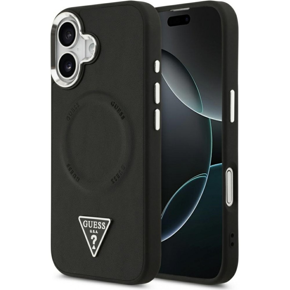 Coque iPhone 17 - Guess MagSafe cuir PU avec logo triangle et cadre caméra métal argenté - Noir