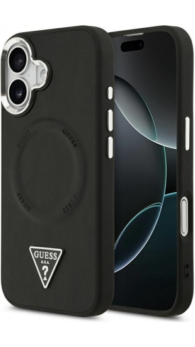 Coque iPhone 17 - Guess MagSafe cuir PU avec logo triangle et cadre caméra métal argenté - Noir