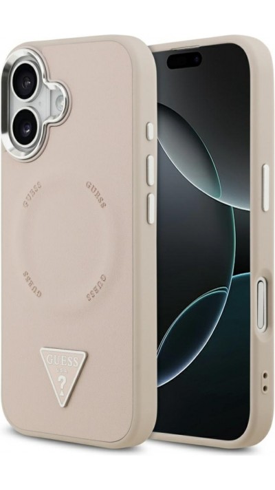 Coque iPhone 17 - Guess MagSafe cuir PU avec logo triangle et cadre caméra métal argenté - Rose