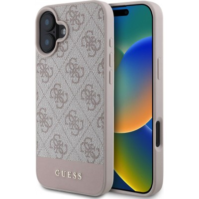 iPhone 16 Case H&uuml;lle - Guess 4G Muster mit goldenem 3D-Logo - Rosa
