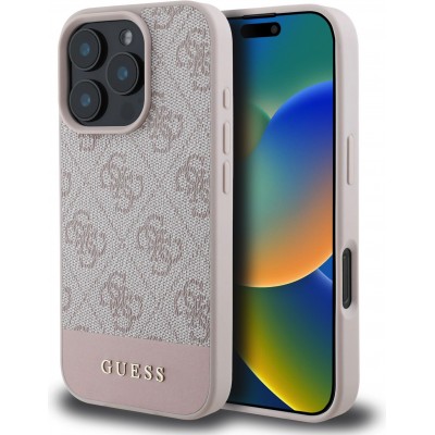 Coque iPhone 16 Pro Max - Guess pattern 4G avec logo 3D dor&eacute; - Rose
