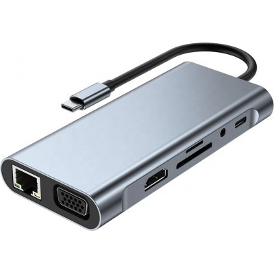 Hub 11 en 1 multiport avec HDMI 4K 30Hz RJ45 Ethernet USB 3.0 adaptateur Type-C haute performance - Argent
