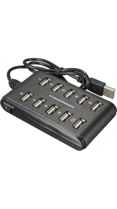 Hub USB 10 ports avec interrupteur double rangée en plastique ABS pour usage domestique bureau ou gaming - Noir