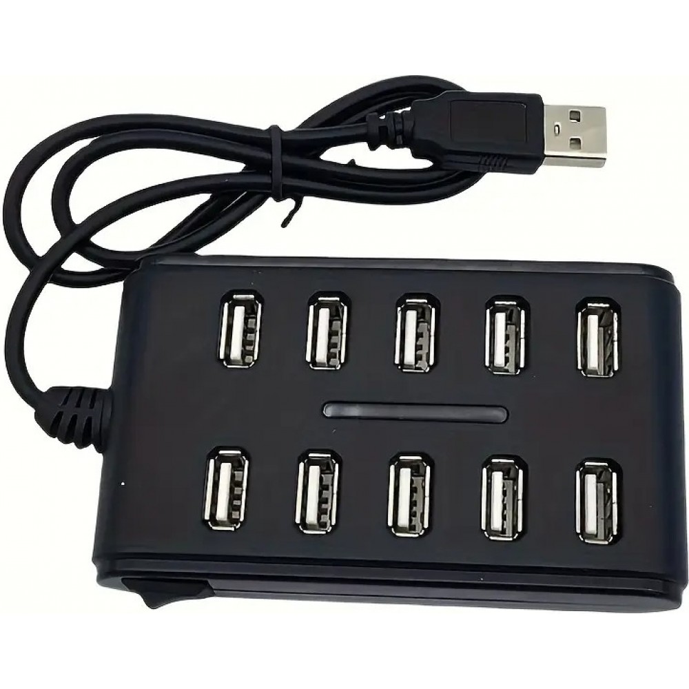 Hub USB 10 ports avec interrupteur double rangée en plastique ABS pour usage domestique bureau ou gaming - Noir