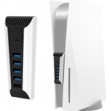 Hub USB 5 en 1 pour PS5 multiport USB 2.0 avec USB-C charge rapide et transfert de donn&eacute;es pour console PlayStation 5 - Blanc