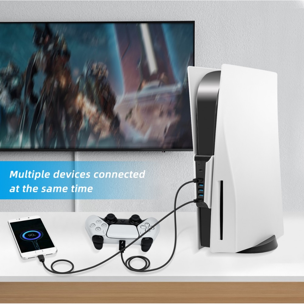 Hub USB 5 en 1 pour PS5 multiport USB 2.0 avec USB-C charge rapide et transfert de donn&eacute;es pour console PlayStation 5 - Blanc