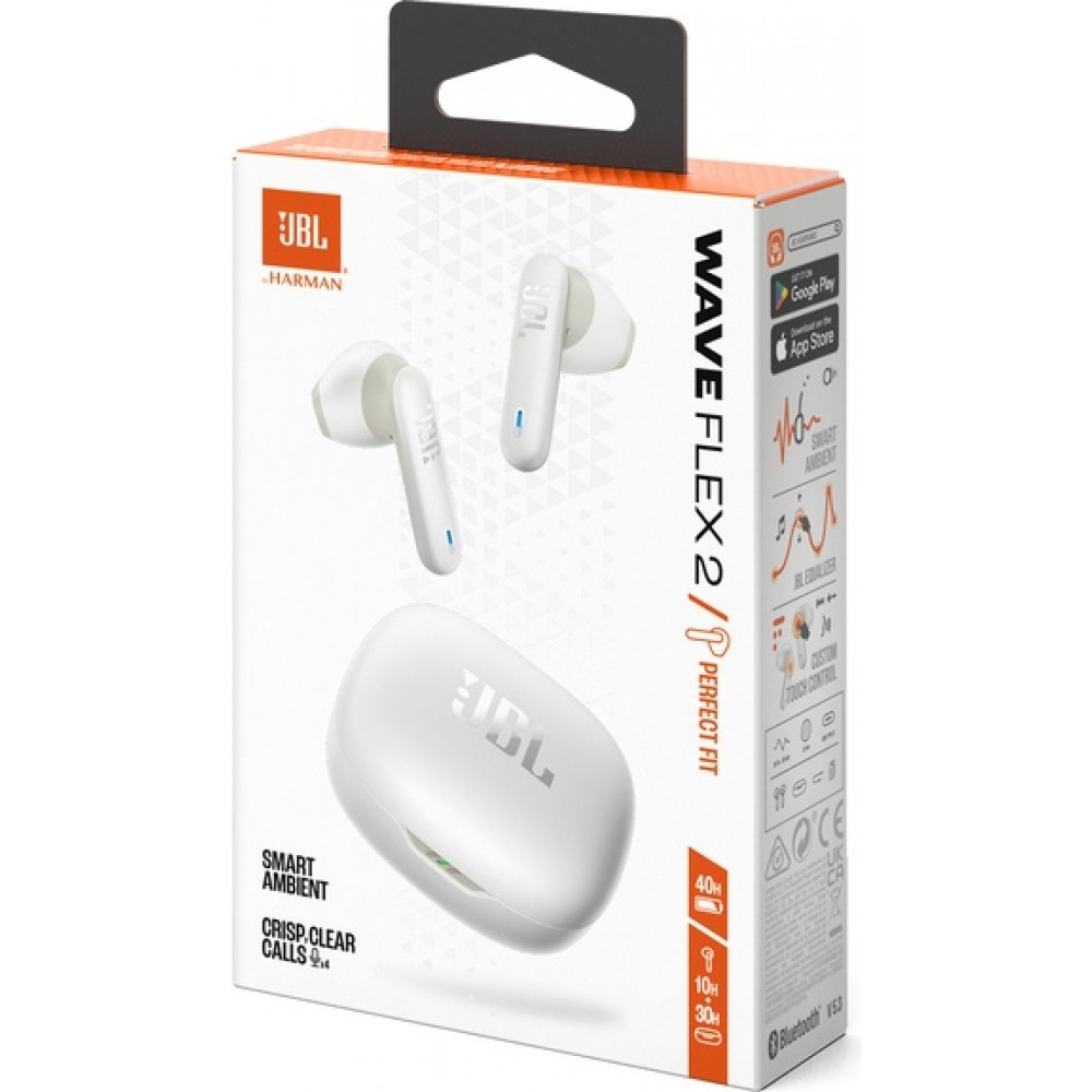JBL Wave Flex 2 Bluetooth - 40h autonomie son Pure Bass technologie Smart Ambient et contrôle tactile - Blanc