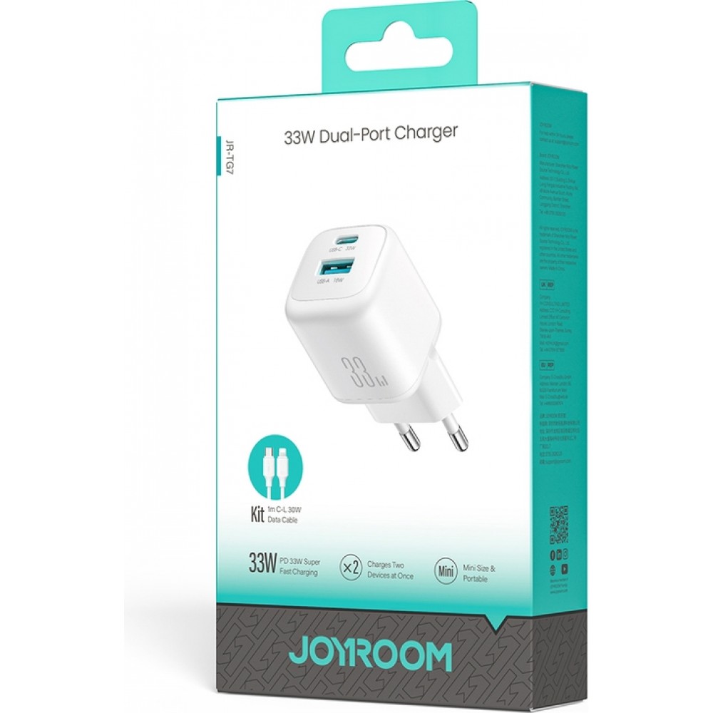 Joyroom JR-TG7 33W USB-A + USB-C chargeur mural avec c&acirc;ble Lightning 30W 1m - Blanc