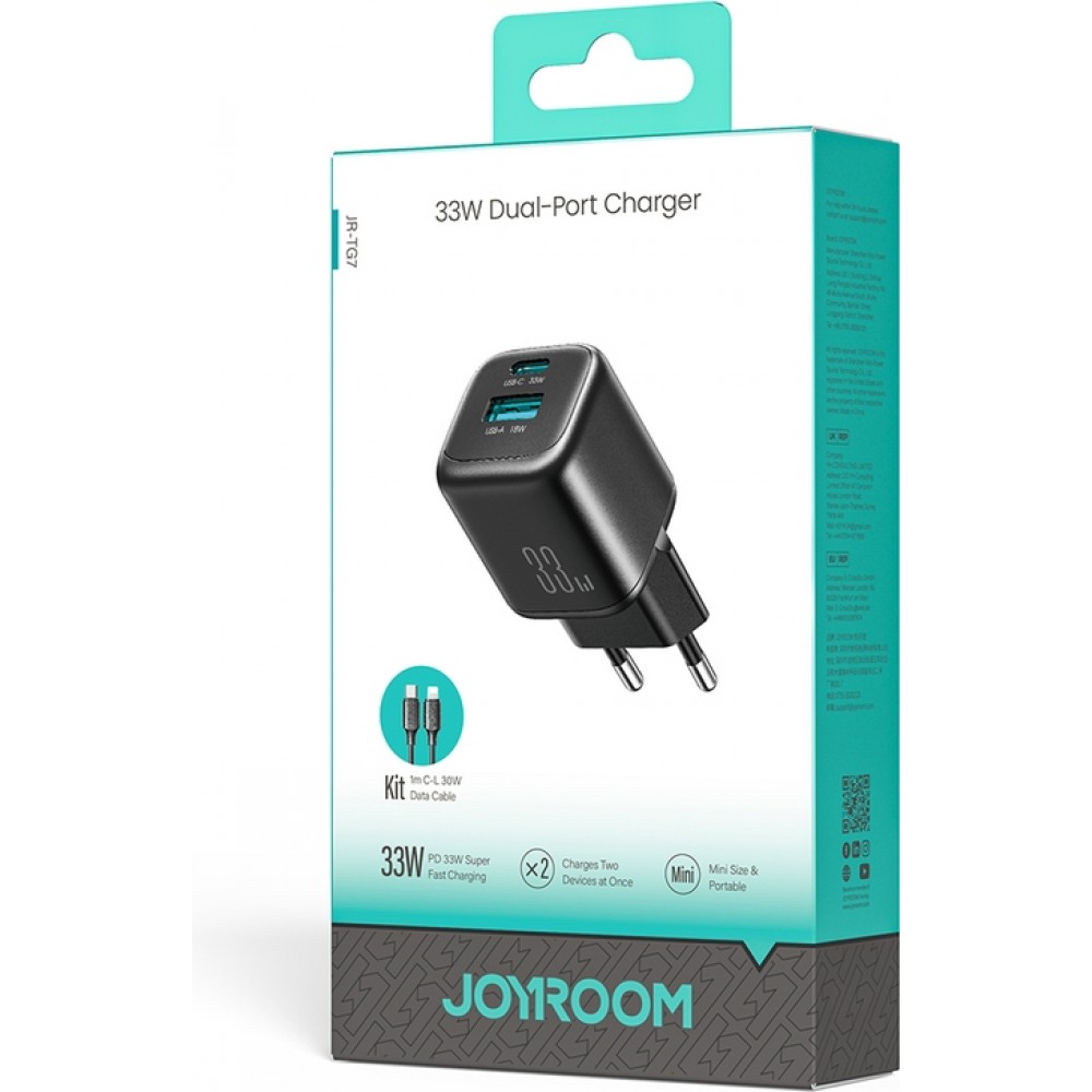 Joyroom JR-TG7 33W USB-A + USB-C chargeur mural avec c&acirc;ble Lightning 30W 1m - Noir