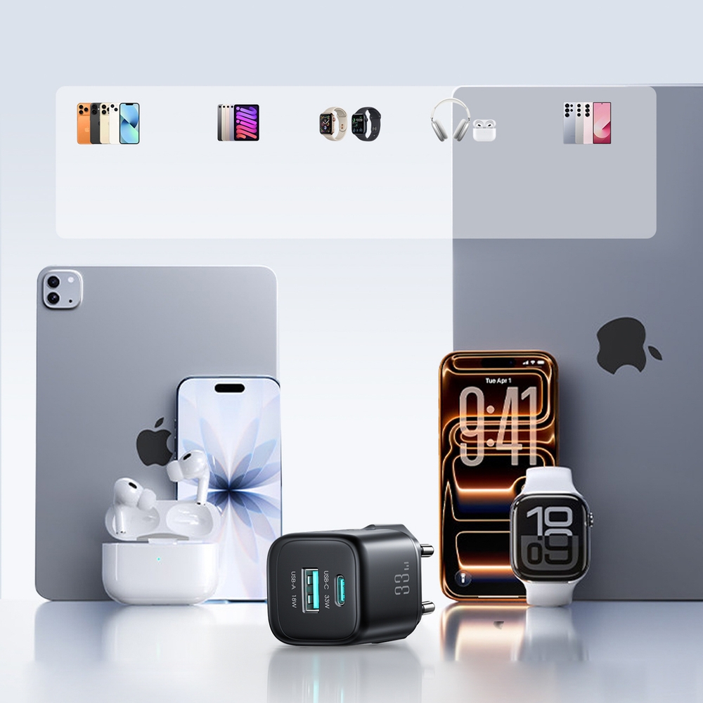 Joyroom JR-TG7 33W USB-A + USB-C chargeur mural avec c&acirc;ble Lightning 30W 1m - Noir