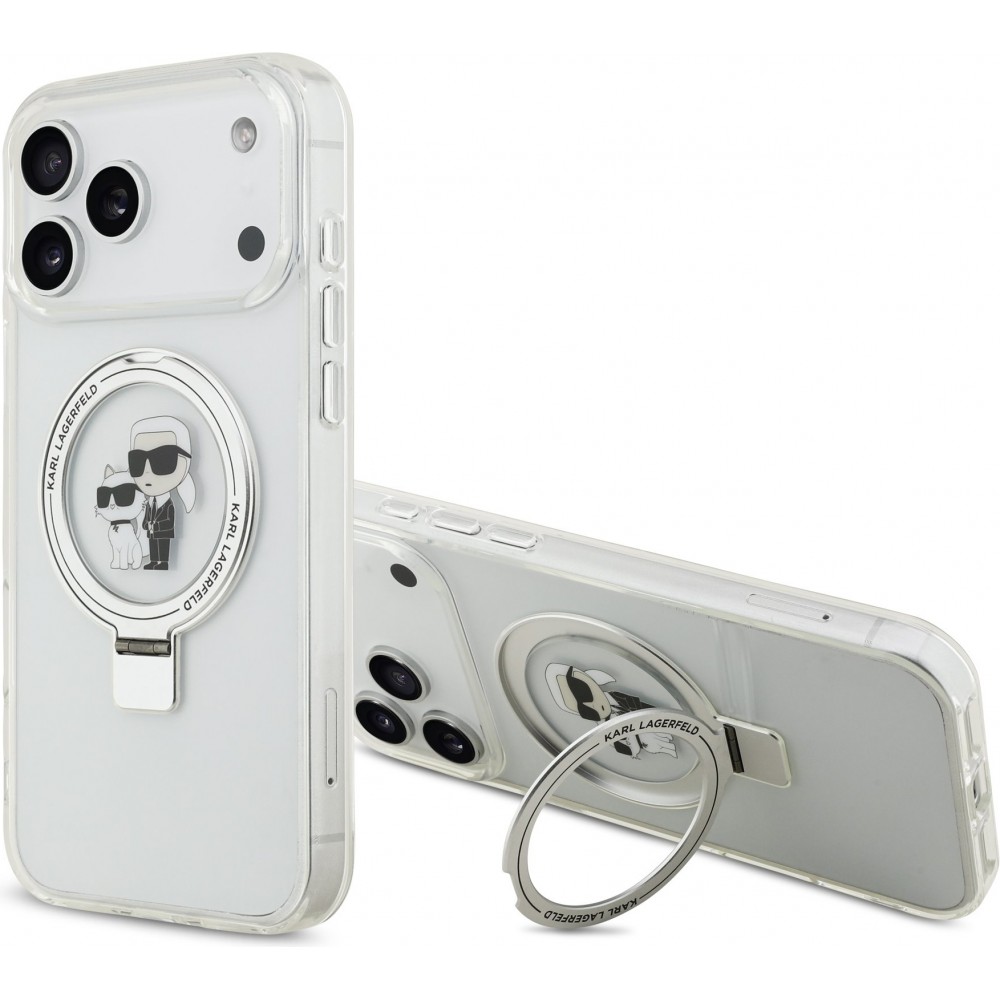 Coque iPhone 17 Pro Max - Karl Lagerfeld et Choupette Ringstand MagSafe avec anneau support - Blanc