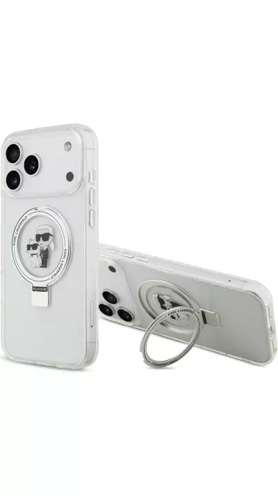 Coque iPhone 17 Pro Max - Karl Lagerfeld et Choupette Ringstand MagSafe avec anneau support - Blanc