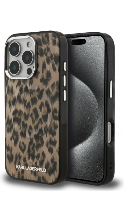 iPhone 16 Pro Max Case Hülle - Karl Lagerfeld IML Leopard MagSafe Elegant - Braun