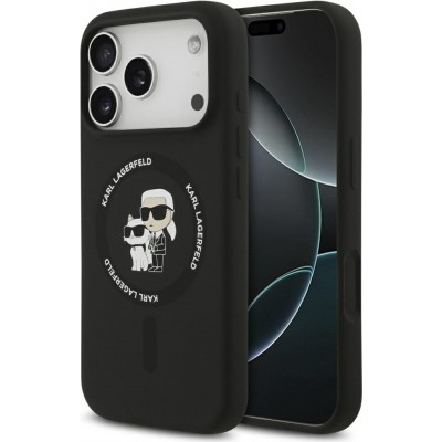 Coque iPhone 17 Pro Max - Karl Lagerfeld Liquid en silicone avec design Karl et Choupette compatible MagSafe - Noir