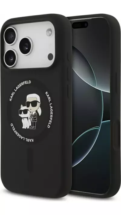 Coque iPhone 17 Pro Max - Karl Lagerfeld Liquid en silicone avec design Karl et Choupette compatible MagSafe - Noir