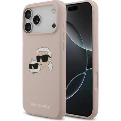 Coque iPhone 17 Pro Max - Karl Lagerfeld Liquid en silicone avec design tête Karl et Choupette compatible MagSafe - Rose