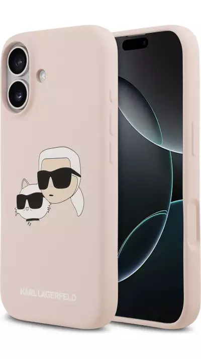 Coque iPhone 17 - Karl Lagerfeld Liquid en silicone avec design tête Karl et Choupette compatible MagSafe - Rose