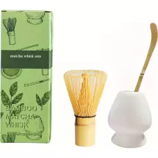 Kit traditionnel de matcha japonais 3 pi&egrave;ces avec fouet en bambou + support en c&eacute;ramique + cuill&egrave;re en bambou - Blanc