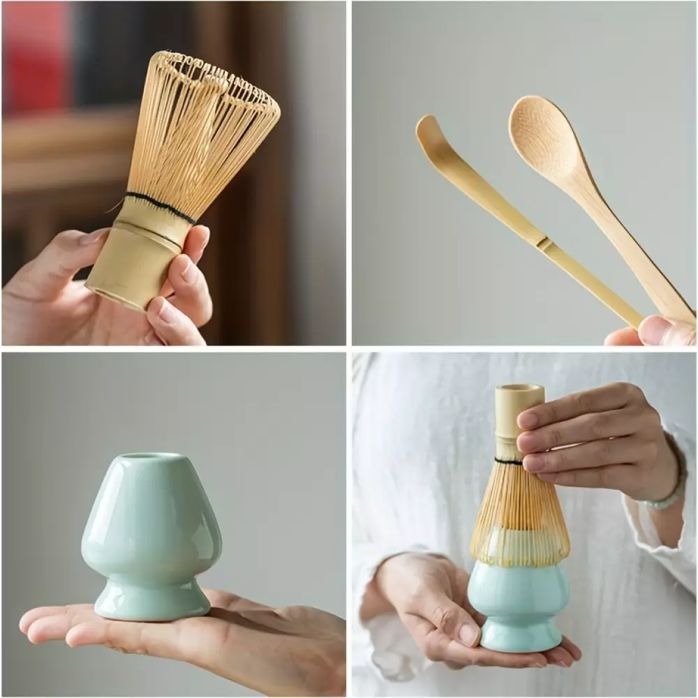 Kit traditionnel de matcha japonais 3 pi&egrave;ces avec fouet en bambou + support en c&eacute;ramique + cuill&egrave;re en bambou - Blanc