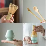 Kit traditionnel de matcha japonais 3 pi&egrave;ces avec fouet en bambou + support en c&eacute;ramique + cuill&egrave;re en bambou - Blanc