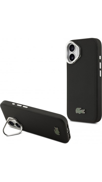 Coque iPhone 17 - Lacoste Iconique Petit Piqué MagSafe avec support en métal sur la caméra - Noir