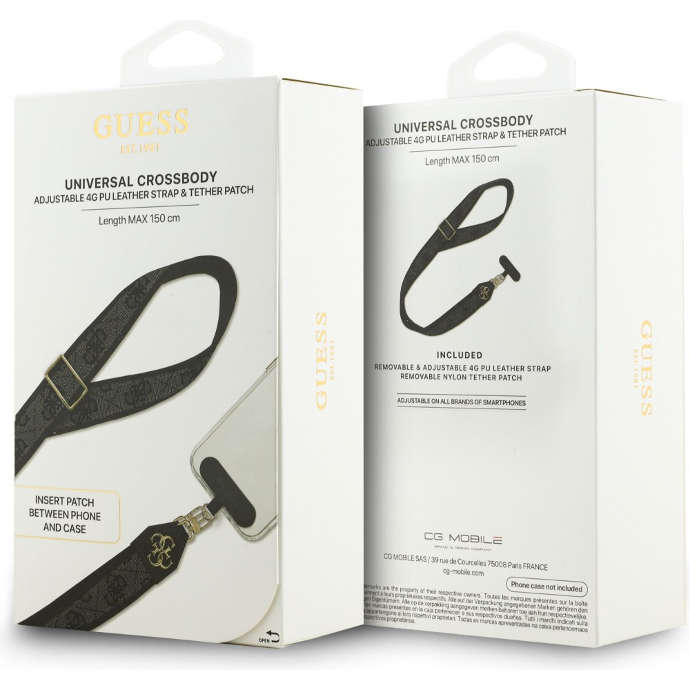 Lanière / bandoulière universelle Guess Crossbody Strap 4G avec logo métal en PU (150cm) - Noir