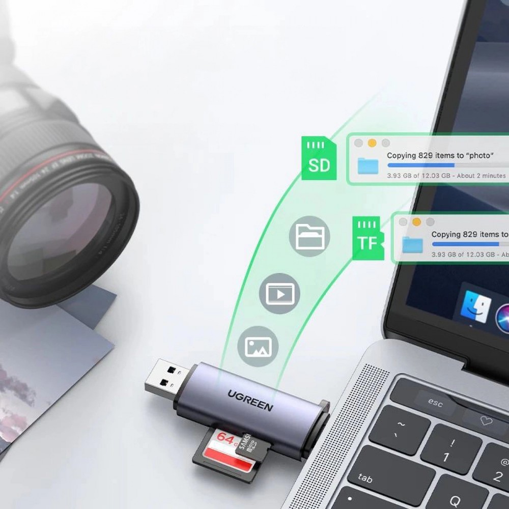 Lecteur de cartes Ugreen 2 en 1 avec USB-C / USB-A 3.0 / SD Card / TF Card design ultra-compact - Gris