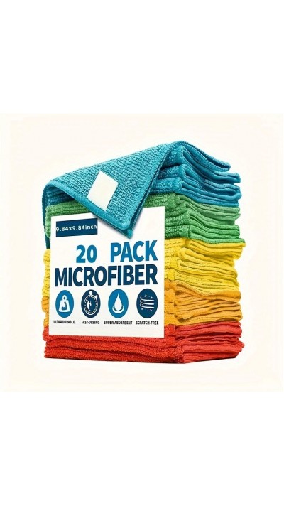 Lot de 20 chiffons en microfibre ultra-absorbants 25 x 25 cm réutilisables pour maison - Multicolor
