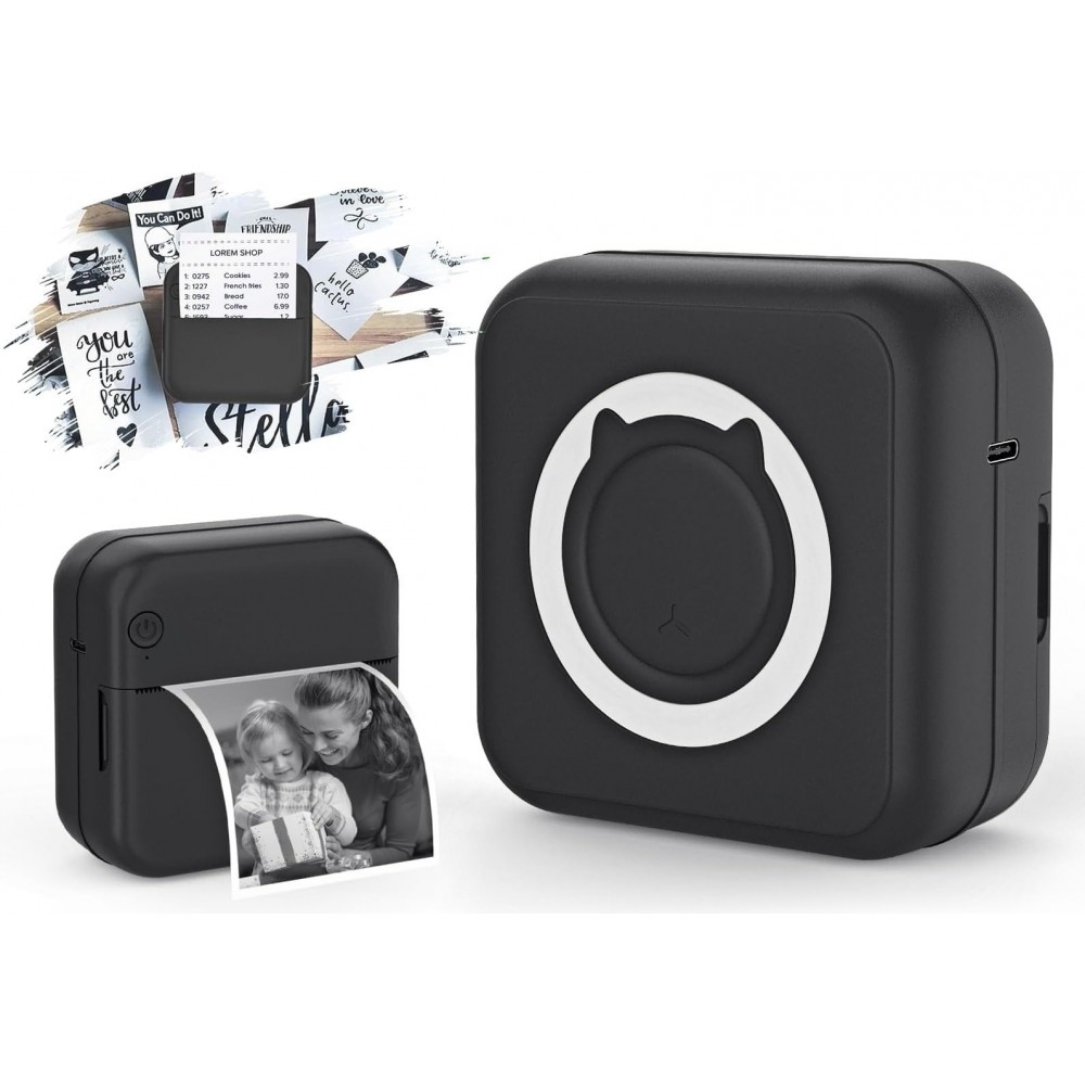 Mini imprimante thermique portable BT sans encre imprimante mobile compacte pour photos notes et &eacute;tiquettes - Noir