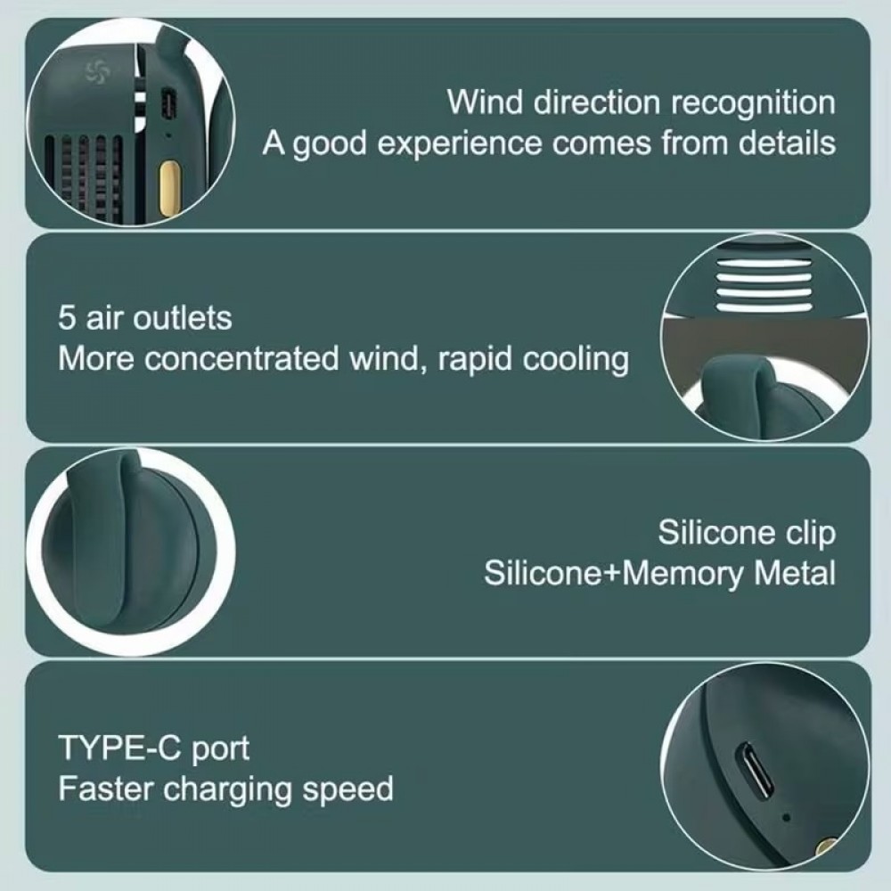 Mini ventilateur portable sans pales silencieux rechargeable &agrave; clip mains libres 3 vitesses effet vortex - Vert