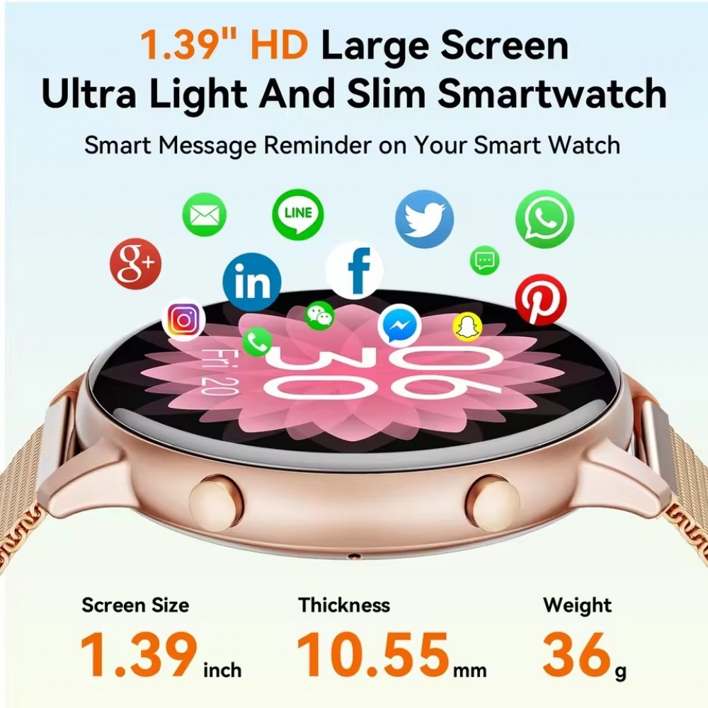 Montre connect&eacute;e BT Call G25 Bluetooth appels &eacute;cran 1.39 pouces &eacute;tanche fitness fr&eacute;quence cardiaque pression art&eacute;rielle oxyg&egrave;ne sang sommeil stress et respiration - Or rose