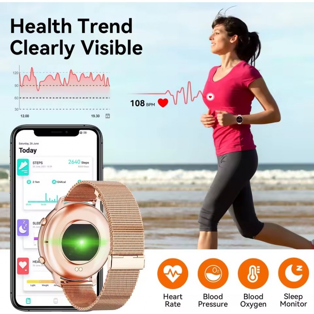 Montre connect&eacute;e BT Call G25 Bluetooth appels &eacute;cran 1.39 pouces &eacute;tanche fitness fr&eacute;quence cardiaque pression art&eacute;rielle oxyg&egrave;ne sang sommeil stress et respiration - Or rose