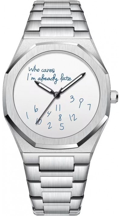 Minimalistische Uhr Who cares I'm already late (weisses Zifferblatt) 42 mm - Silber