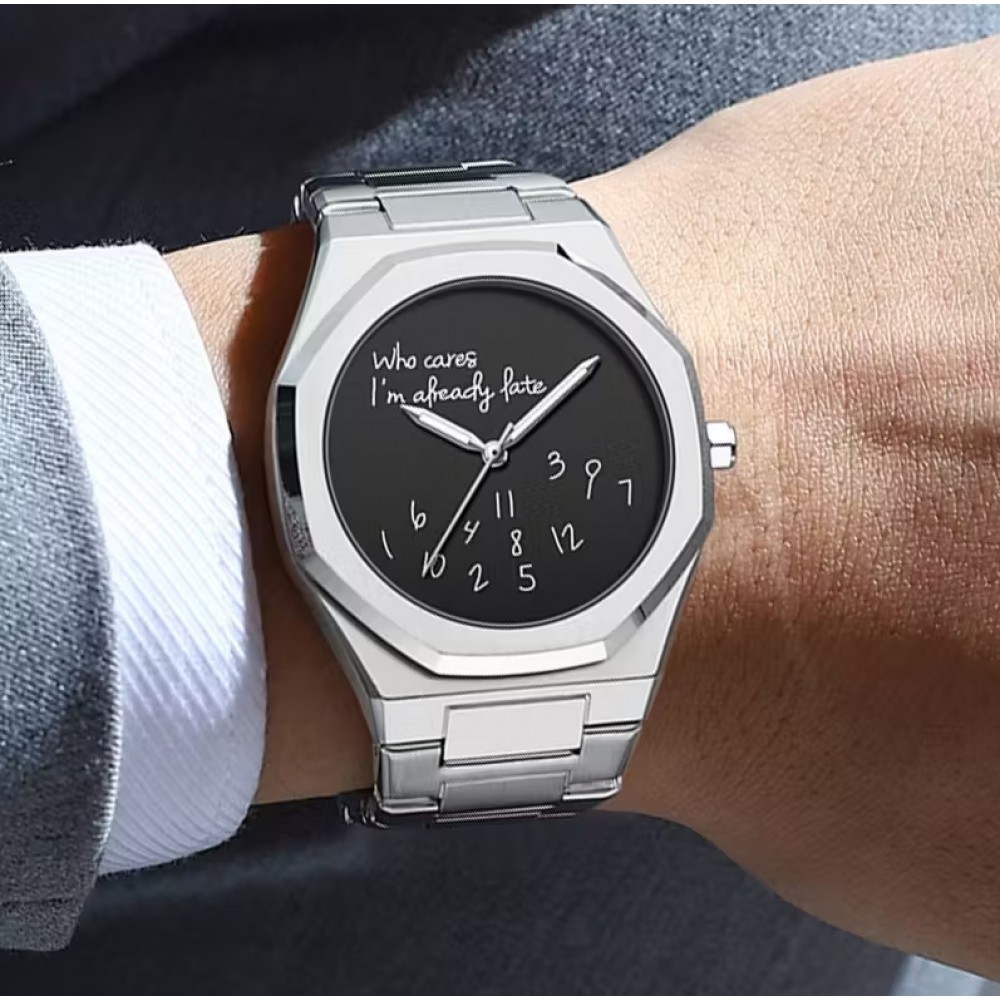 Montre de style minimaliste Who cares I'm already late (cadran noir) 42 mm - Argent