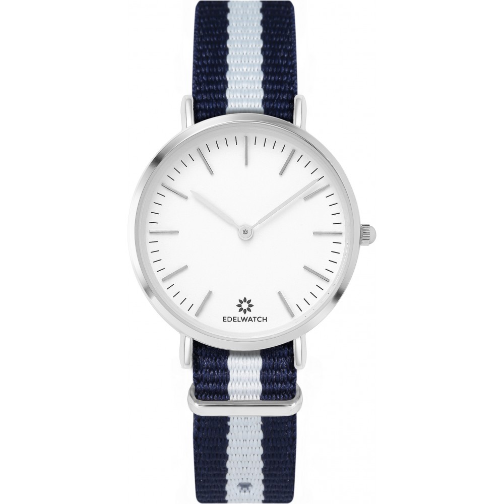 Montre Edelwatch 32 mm (Ladies) cadran argenté fond blanc (pile non incluse) - Bracelet bleu / blanc