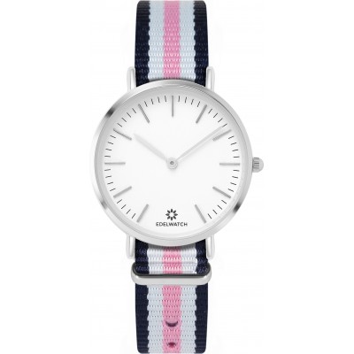 Montre Edelwatch 32 mm (Ladies) cadran argenté fond blanc (pile non incluse) - Bracelet bleu / blanc / rose