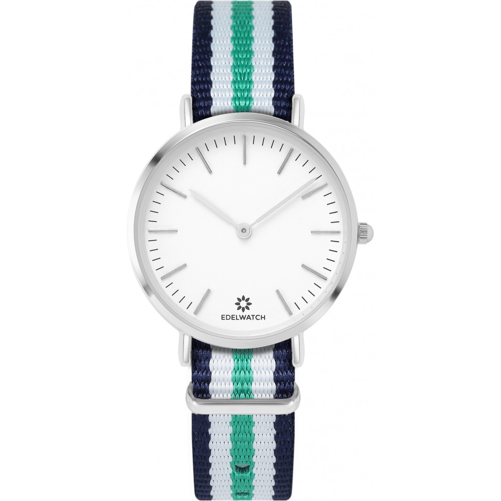 Montre Edelwatch 32 mm (Ladies) cadran argenté fond blanc (pile non incluse) - Bracelet bleu / blanc / vert