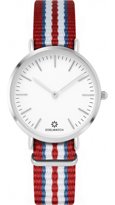Montre Edelwatch 32 mm (Ladies) cadran argenté fond blanc (pile non incluse) - Bracelet rouge / bleu / blanc