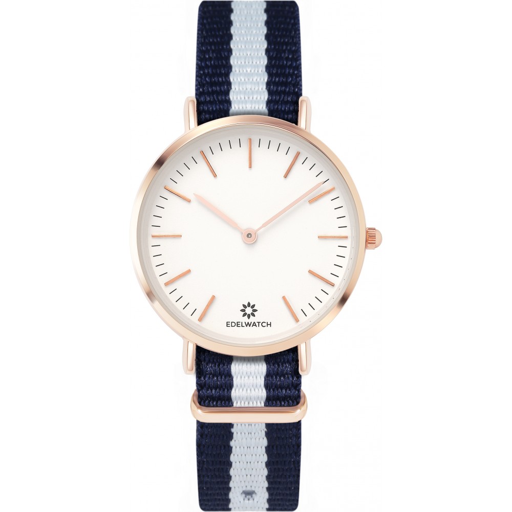 Montre Edelwatch 32 mm (Ladies) cadran doré fond blanc (pile non incluse) - Bracelet bleu / blanc