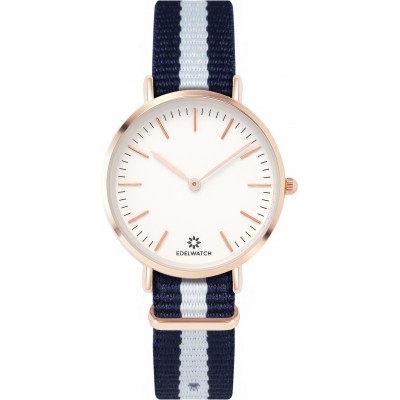 Montre Edelwatch 32 mm (Ladies) cadran doré fond blanc (pile non incluse) - Bracelet bleu / blanc