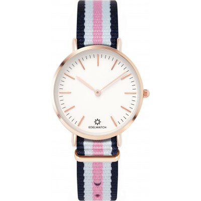Montre Edelwatch 32 mm (Ladies) cadran doré fond blanc (pile non incluse) - Bracelet bleu / blanc / rose