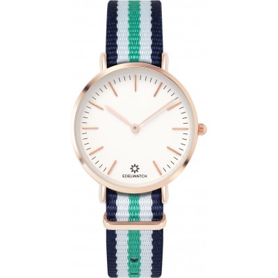 Montre Edelwatch 32 mm (Ladies) cadran doré fond blanc (pile non incluse) - Bracelet bleu / blanc / vert
