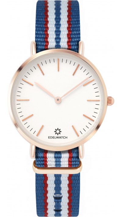 Montre Edelwatch 32 mm (Ladies) cadran doré fond blanc (pile non incluse) - Bracelet bleu clair / rouge / blanc