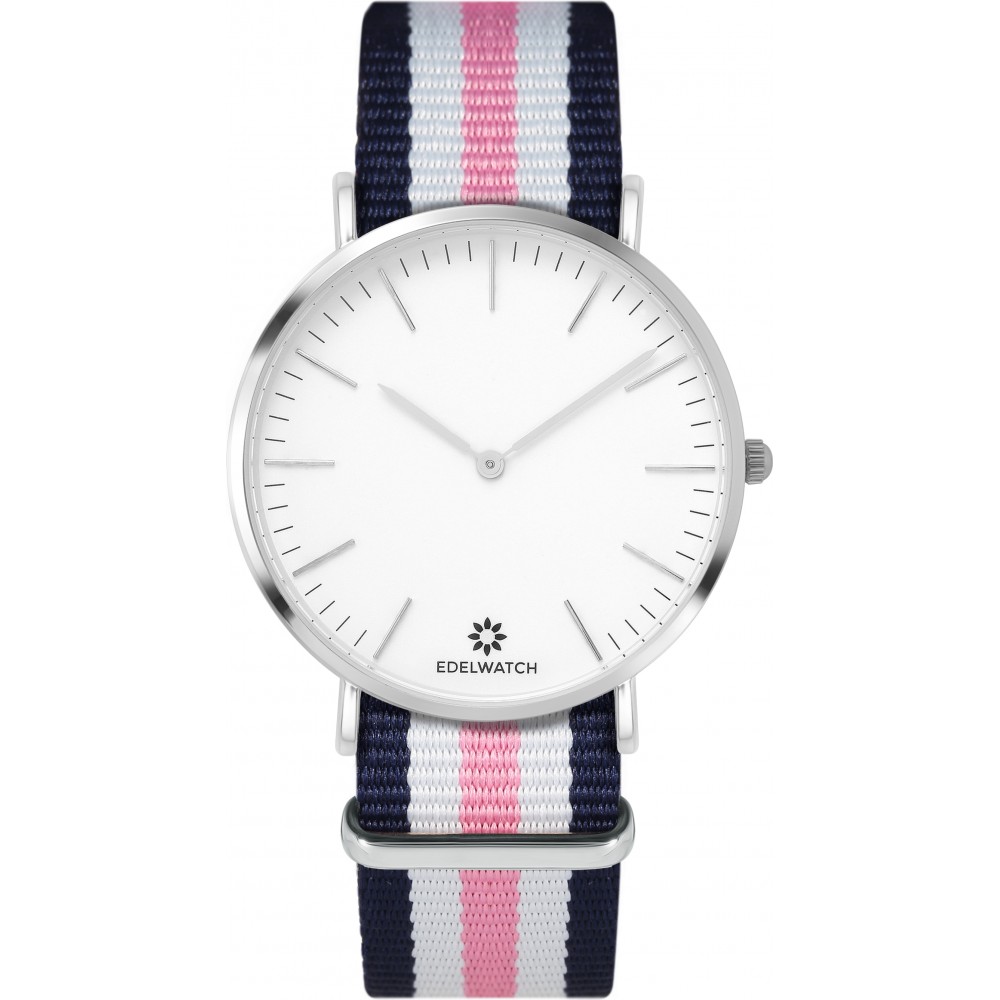 Montre Edelwatch 41 mm (Men) cadran argenté fond blanc (pile non incluse) - Bracelet bleu / blanc / rose
