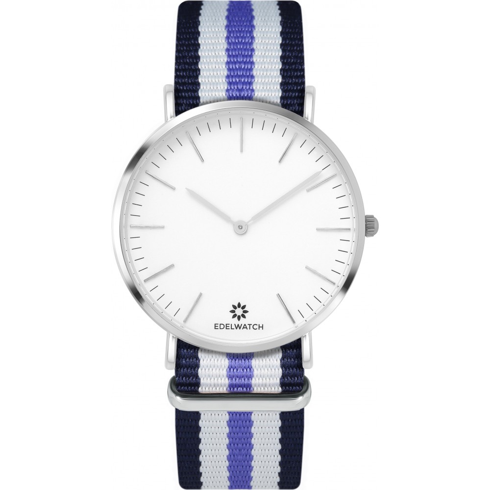 Montre Edelwatch 41 mm (Men) cadran argenté fond blanc (pile non incluse) - Bracelet bleu / /blanc / violet
