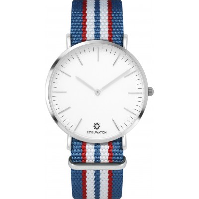 Montre Edelwatch 41 mm (Men) cadran argenté fond blanc (pile non incluse) - Bracelet bleu clair / rouge / blanc