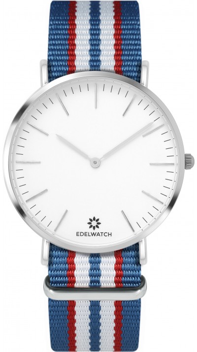 Montre Edelwatch 41 mm (Men) cadran argenté fond blanc (pile non incluse) - Bracelet bleu clair / rouge / blanc