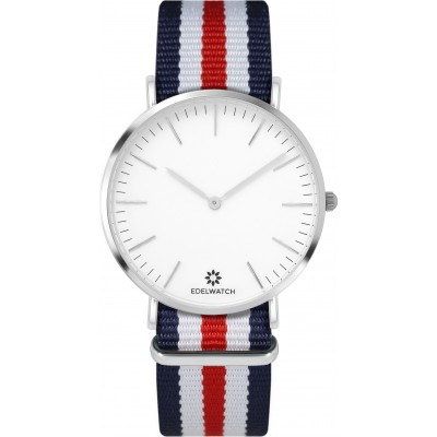 Montre Edelwatch 41 mm (Men) cadran argenté fond blanc (pile non incluse) - Bracelet bleu foncé / blanc / rouge