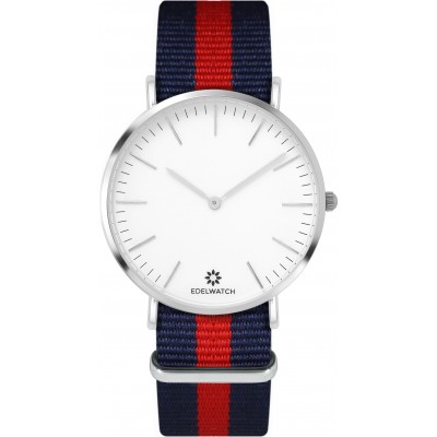 Montre Edelwatch 41 mm (Men) cadran argenté fond blanc (pile non incluse) - Bracelet bleu / rouge